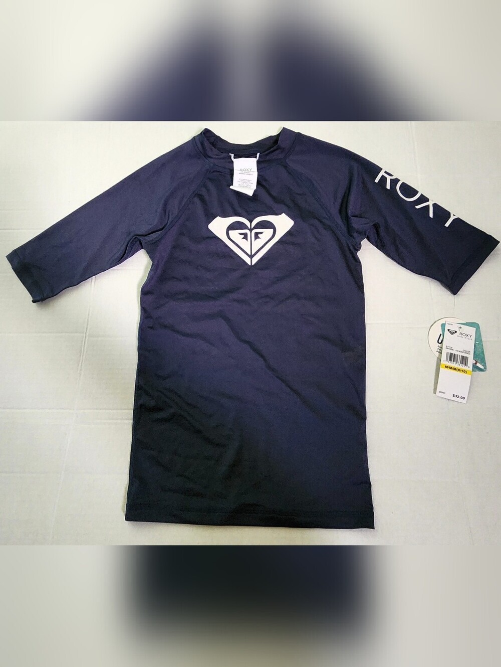 Roxy Navy Blue 3/4 Sleeve Logo Rash Guard Girls Kids Size M 8-10 NWT